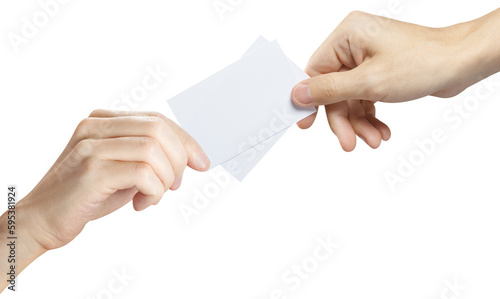 Hands sharing two blank plastic or carton cards (tickets, flyers, invitations, coupons, money, etc.), cut out