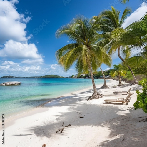 Tropical landscape of summer scenery, white sand with palm trees. Luxury travel vacation destination, Created using generative AI tools.