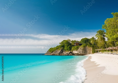 Tropical landscape of summer scenery  white sand with palm trees. Luxury travel vacation destination   Created using generative AI tools.