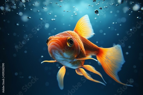 A 3D cartoon goldfish swimming underwater and flying in the air against a blue backdrop. Generative AI