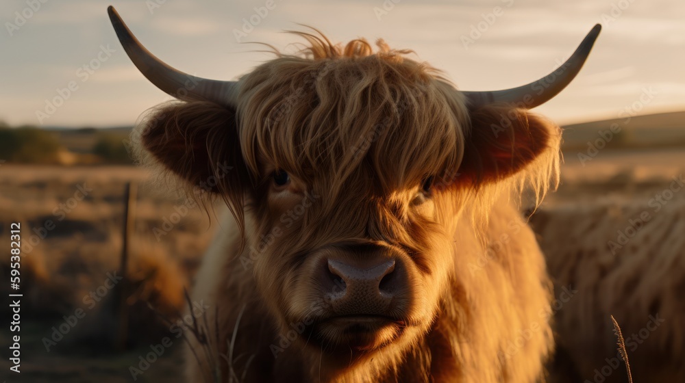 Portrait of fluffy cow or highland cattle in sunny plains field generative ai