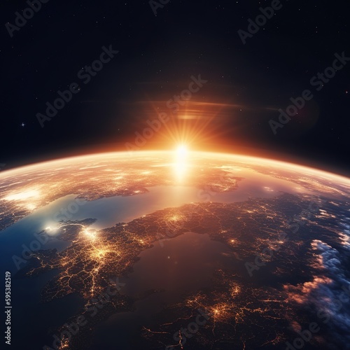 Planet earth with sunrise in space  save earth day. generative ai
