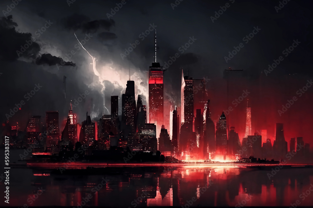 New York City skyline, red and white lighting, Created with generative Ai Technology.