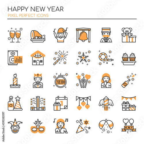 Fototapeta Naklejka Na Ścianę i Meble -  Happy New Year Elements , Thin Line and Pixel Perfect Icons.