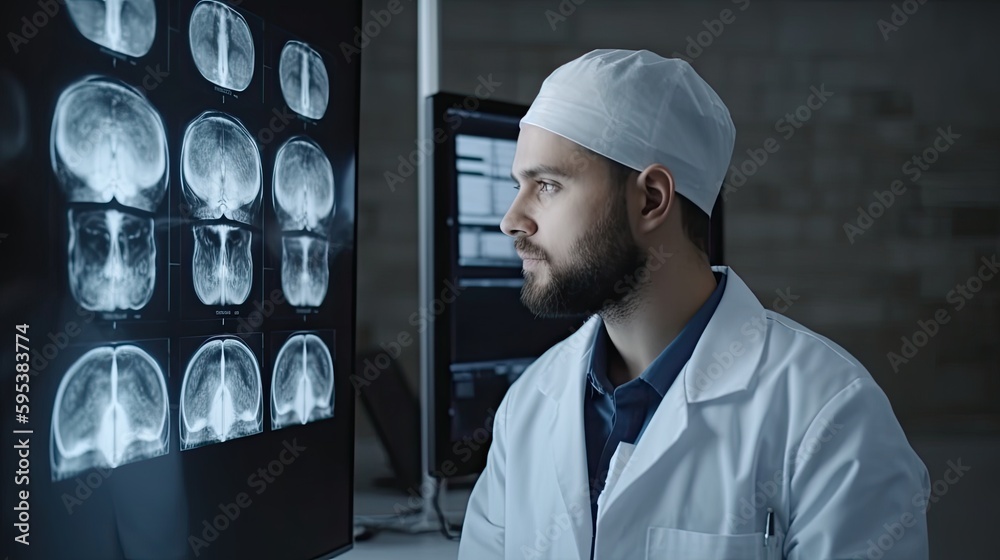 A neurologist looking at X-rays of the human brain.