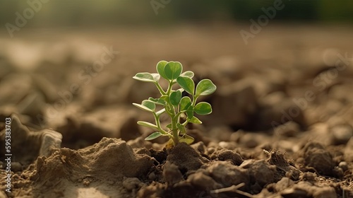 Green plant growing on a dry field. Drought concept. Ai Generative.