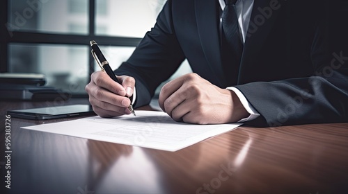 Male hands signing a document on a table, Ai Generative.