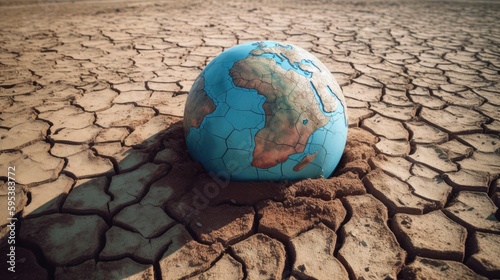 Globe of the world embedded in dry cracked earth. Drought concept. Ai Generative.