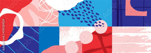 Trendy social media banner template with abstract organic shapes composition in contemporary collage minimal style, vector illustration