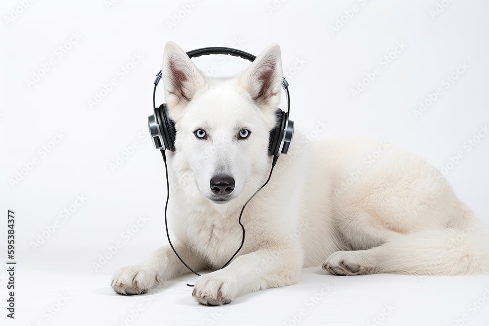 white dog enjoying music with headphones while relaxing. Generative AI