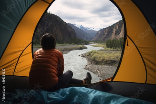 Woman inside a tent looking out on a river and mountain view. Generative ai