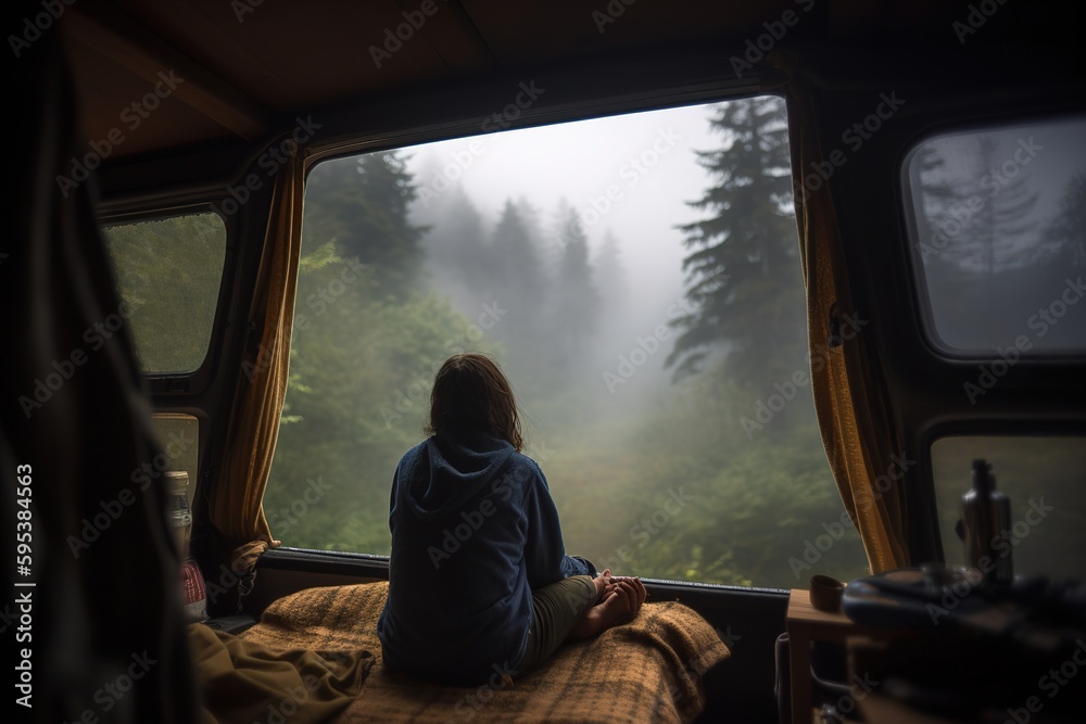 Fototapeta premium Woman inside a camper van looking on pine forest and foggy mountains. Generative ai