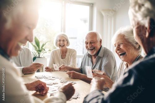 "Joyful group of seniors playing cards and sharing laughter in a retirement nursing home, camaraderie and enjoyment create a warm and lively atmosphere in the community living space, generative ai