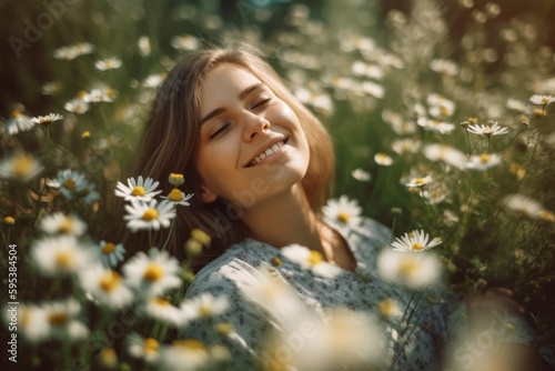 "Beautiful young woman lying in a field of chamomile flowers, serenity, peace, and bliss, tranquil expression, connection with nature reflect gratitude and contentment, generative ai