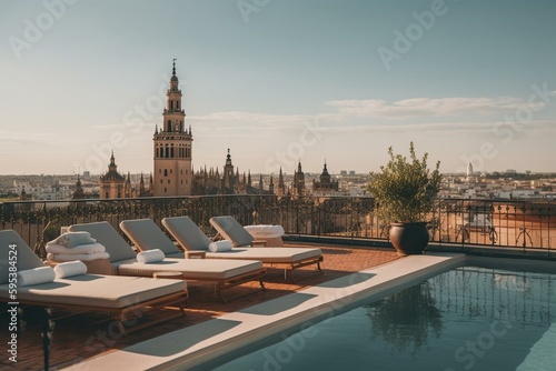 Stunning rooftop pool terrace with panoramic Seville views. Generative AI
