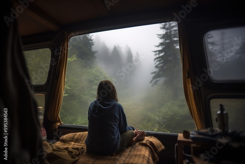 Woman inside a camper van looking on pine forest and foggy mountains. Generative ai