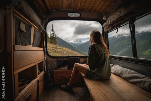 Woman is sitting in camper's van cozy interior with nature view. Generative ai