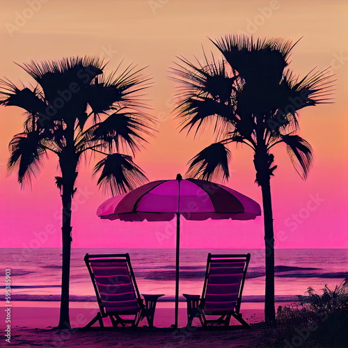 Two Sun Loungers  Beautiful Sunset on The Beach  Palm Trees  Abstract Generative AI Illustration