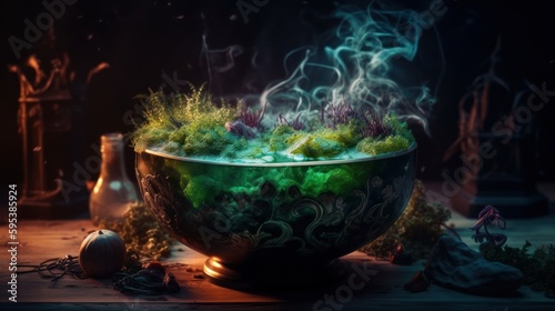 Witch cauldron with magic herbs, mystical witchcraft magic fantasy background concept generative ai