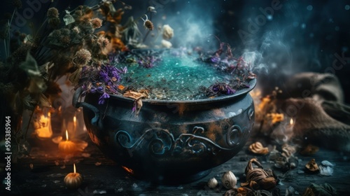 Witch cauldron with magic herbs, mystical witchcraft magic fantasy background concept generative ai