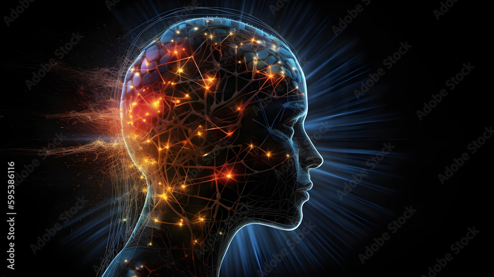 Human robot head with glow inside. Artificial intelligence. Generative AI. Human robot head with glow inside. Artificial intelligence. Generative AI.