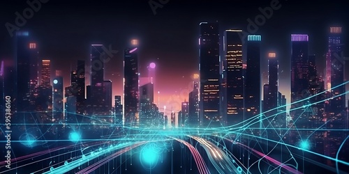 smart city at night, application development concept, smart city, Internet of things, smart life, information technology, metaverse connection technology. GEnerative AI illustration photo