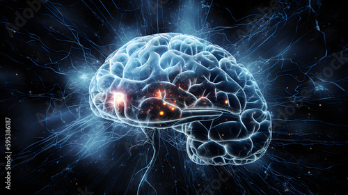 Artificial intelligence concept in form of a brain on dark background. Generative AI.