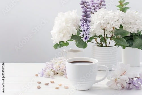 Coffee Cup on White Table Background, Cozy Morning Coffee Mug, Sweets, Abstract Generative AI Illustration