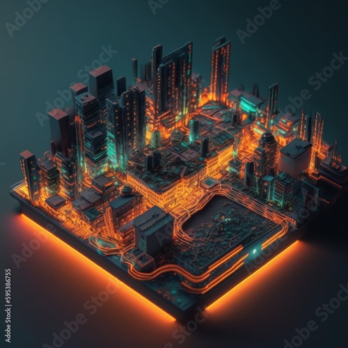 Chip in shape of smart city. Generative AI