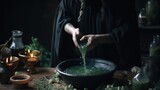 Witch mixing herbs in a cauldron, mystical wiccan ambiental background with intricate details generative ai