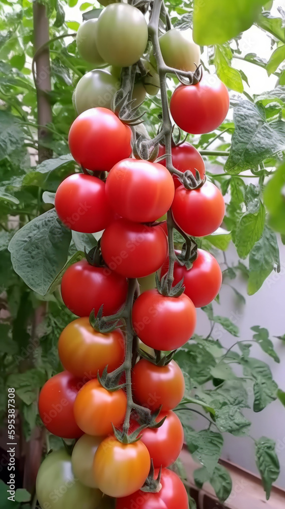 Red tomatoes in garden. Illustration AI Generative.