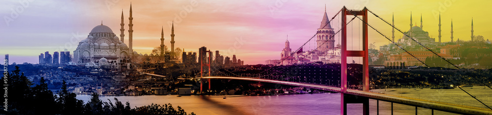 Istanbul Bosphorus panoramic photo. Istanbul landscape beautiful sunset with clouds Suleymaniye Mosque, Galata Tower and Blue Mosque double exposure, Bosphorus Bridge,  Istanbul Turkey.
