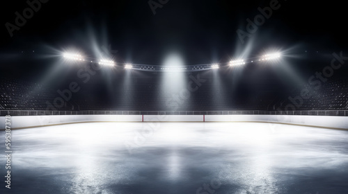 Empty ice rink with lights. Illustration AI Generative