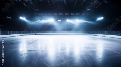 Empty ice rink with lights. Illustration AI Generative