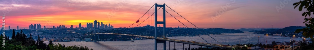 Istanbul Bosphorus panoramic photo. Istanbul landscape beautiful sunset with clouds Ortakoy Mosque, Bosphorus Bridge, Fatih Sultan Mehmet Bridge Istanbul Turkey.Best touristic destination of Istanbul