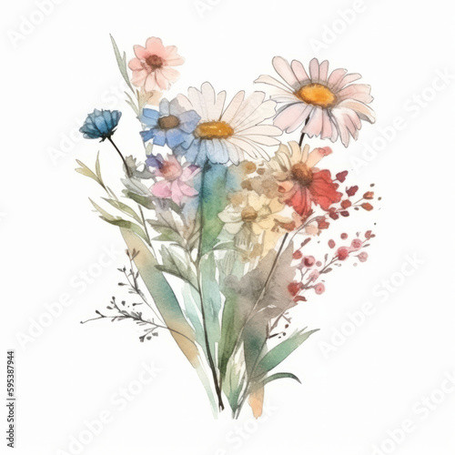 Watercolor wildflower bouquet. Illustration AI Generative.