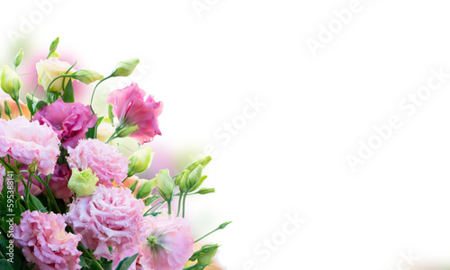 Pink rose and eustoma flowers isolated on white background