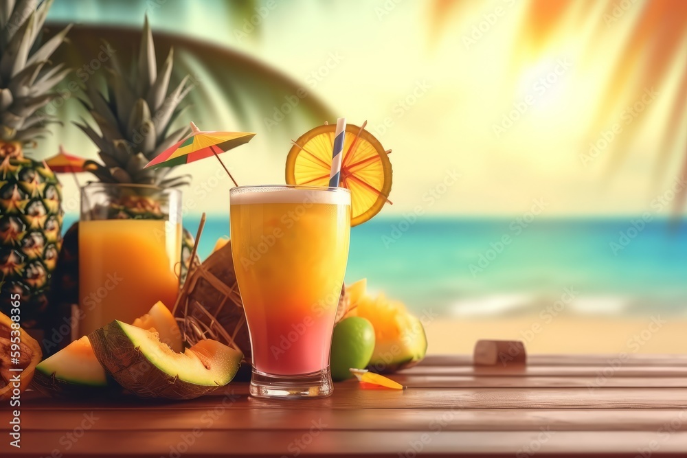 Sipping a Refreshing Tropical Cocktail on a Sandy Beach Bar Table, Enjoying a Perfect Summer Vacation, Generative AI Sipping a Refreshing Tropical Cocktail on a Sandy Beach Bar Table, Enjoying a Perfect Summer Vacation, Generative AI
