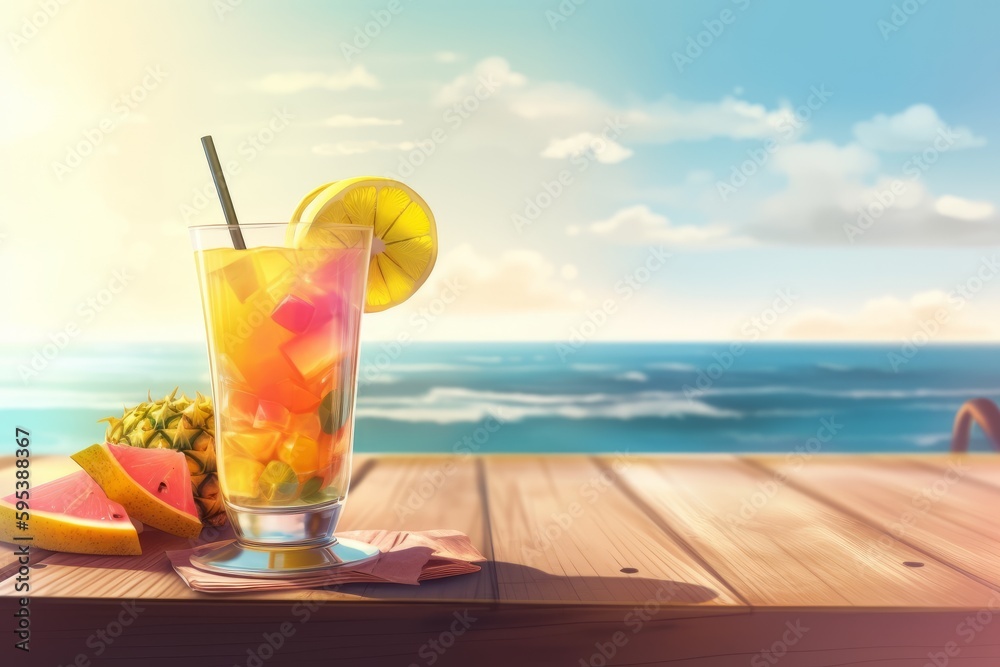 Obraz premium Sipping a Refreshing Tropical Cocktail on a Sandy Beach Bar Table, Enjoying a Perfect Summer Vacation, Generative AI