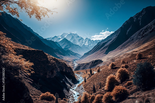 Discovering the Serene Beauty of a Himalayan Valley Stream, ai generative