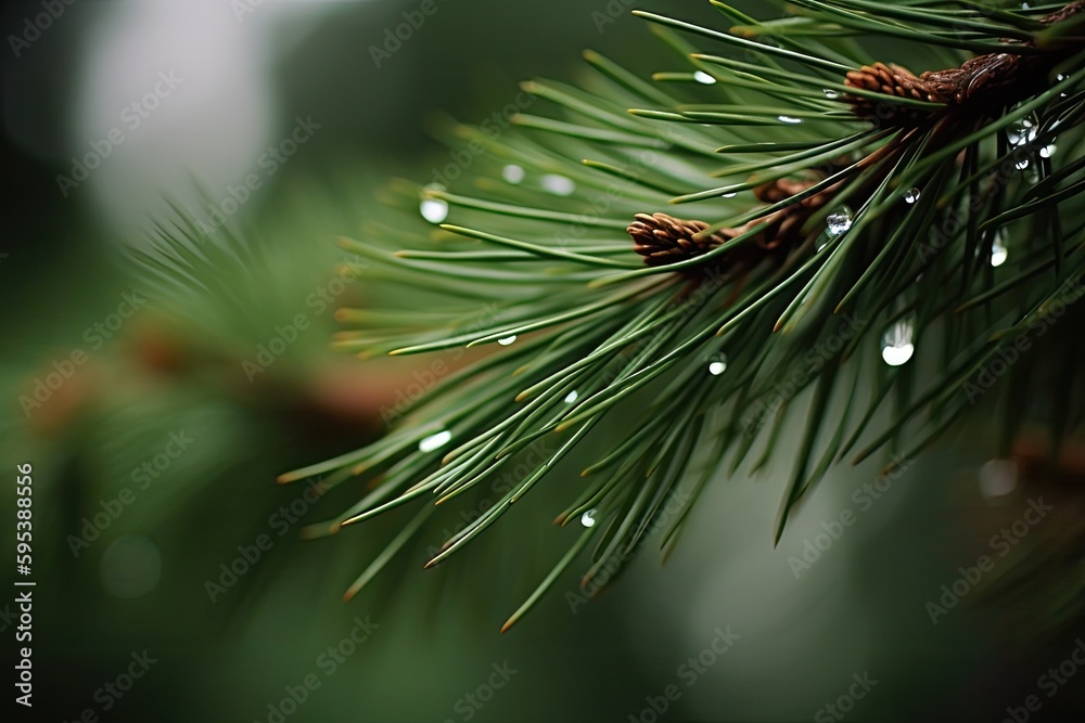 fresh pine branch with dew drops on it. Generative AI fresh pine branch with dew drops on it. Generative AI