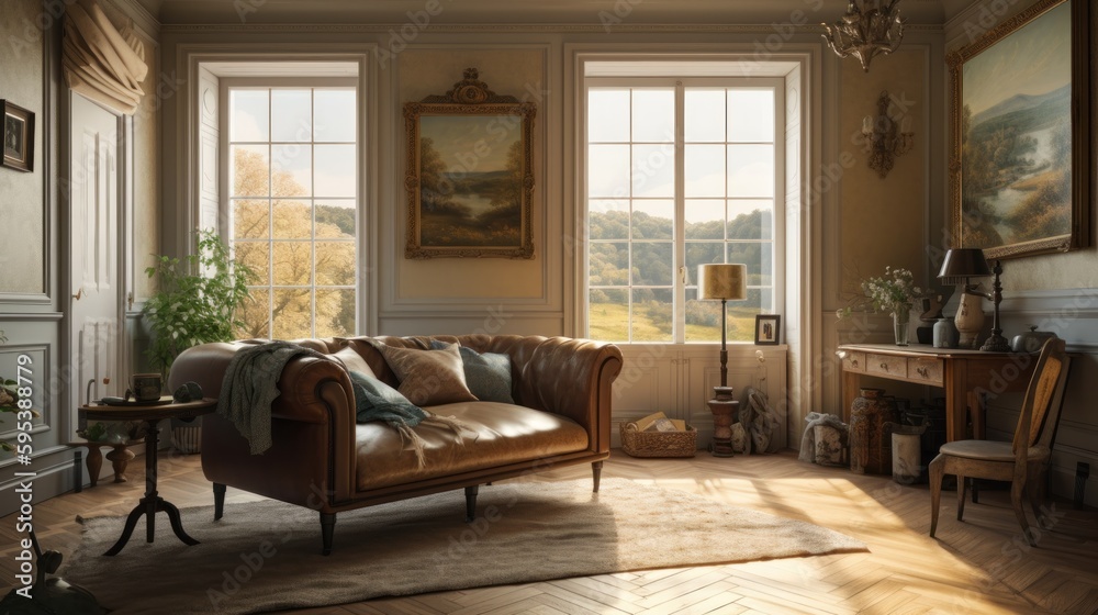Fototapeta premium English countryside interior design room with beautiful lightning generative ai