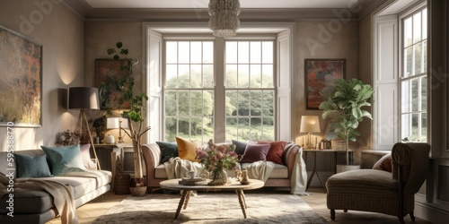 English countryside interior design room with beautiful lightning generative ai © Hixel