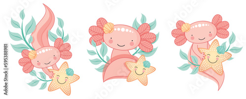 Axolotl mit Seestern Illustration Kawaii Vektoren