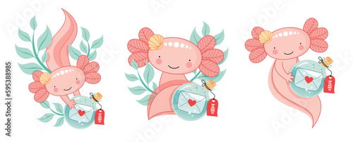 Axolotl mit Flaschenpost Illustration Kawaii Vektoren