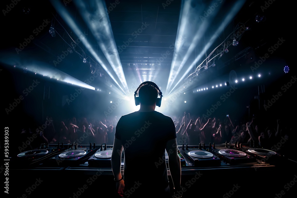 Dj in nightclub scene with lights and lasers. Shot from behind of energy performer show in discotech dance club over the audience and crowd. EDM night scene of electronic music festival. Generative AI