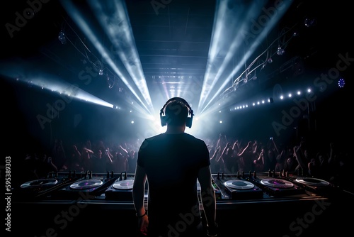 Dj in nightclub scene with lights and lasers. Shot from behind of energy performer show in discotech dance club over the audience and crowd. EDM night scene of electronic music festival. Generative AI