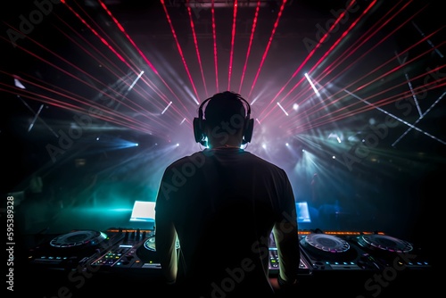 Dj in a nightclub scene with lights and lasers. Night scene of electronic music over the audience and crowd