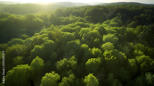 Aerial view of lush green forest captured by drone, generative AI