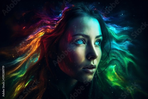 a woman surrounded by rainbow colors created with Generative AI technology